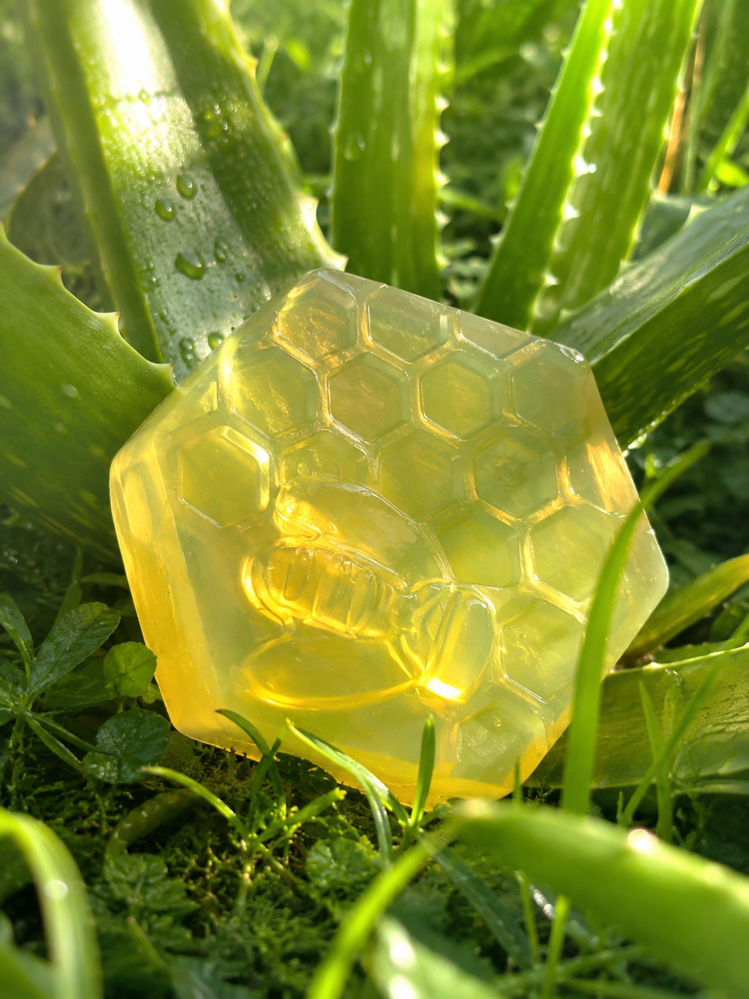 Jabón artesanal botánico Verde Vivo sobre hojas de aloe